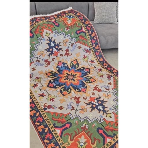 فرشینه سنتی سبز و لاکی هازان ترک کد O138(پس کرایه) فرشینه سنتی سبز و لاکی هازان ترک کد O138(پس کرایه) - Image 4