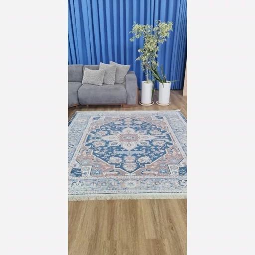 فرش ماشینی چاپی | فرشینه مخمل طرح آبی وینتیج استوپ دار O132 (پس کرایه) فرش ماشینی چاپی | فرشینه مخمل طرح آبی وینتیج استوپ دار O132 (پس کرایه) - Image 8