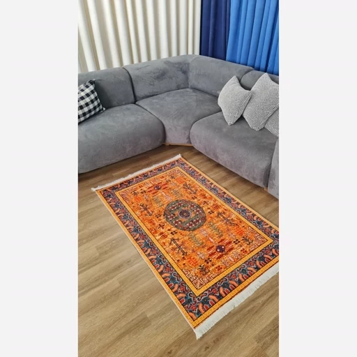 فرش ماشینی چاپی | فرشینه هازان ترک زمینه نارنجی کدO149 (پس کرایه) فرش ماشینی چاپی | فرشینه هازان ترک زمینه نارنجی کدO149 (پس کرایه) - Image 3