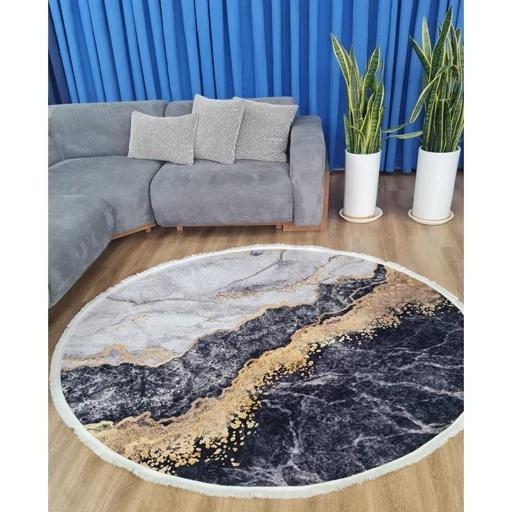 فرش ماشینی چاپی | فرشینه گرد هازان ترک سفید طلایی طرح سنگ کد S100 (پس کرایه) فرش ماشینی چاپی | فرشینه گرد هازان ترک سفید طلایی طرح سنگ کد S100 (پس کرایه) - Image 2