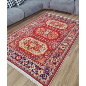 فرش ماشینی چاپی | فرشینه هازان ترک طرح سنتی قرمز ضد سُر کد O111 (پس کرایه)