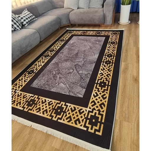 فرش ماشینی چاپی | فرشینه هازان ترک مدرن مشکی طلایی کد h246 (پس کرایه) فرش ماشینی چاپی | فرشینه هازان ترک مدرن مشکی طلایی کد h246 (پس کرایه) - Image 4