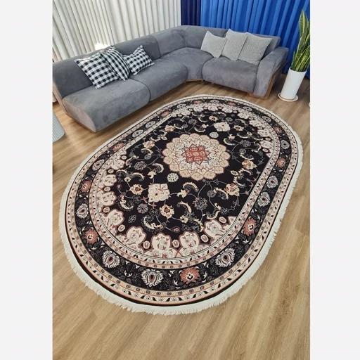 فرش ماشینی چاپی | فرشینه بیضی هازان ترک زمینه مشکی (پس کرایه) فرش ماشینی چاپی | فرشینه بیضی هازان ترک زمینه مشکی (پس کرایه) - Image 9
