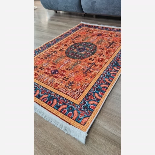 فرش ماشینی چاپی | فرشینه هازان ترک زمینه نارنجی کدO149 (پس کرایه) فرش ماشینی چاپی | فرشینه هازان ترک زمینه نارنجی کدO149 (پس کرایه) - Image 2