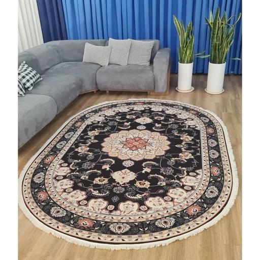 فرش ماشینی چاپی | فرشینه بیضی هازان ترک زمینه مشکی (پس کرایه) فرش ماشینی چاپی | فرشینه بیضی هازان ترک زمینه مشکی (پس کرایه) - Image 2