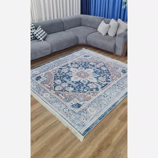 فرش ماشینی چاپی | فرشینه مخمل طرح آبی وینتیج استوپ دار O132 (پس کرایه) فرش ماشینی چاپی | فرشینه مخمل طرح آبی وینتیج استوپ دار O132 (پس کرایه) - Image 4